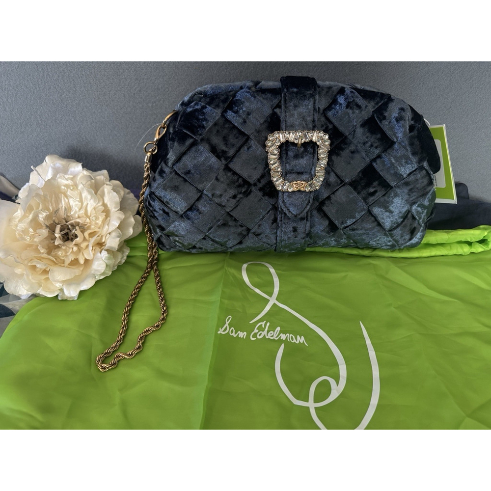 Sam Edelman Navy Velvet Woven Clutch with Crystal Buckle
